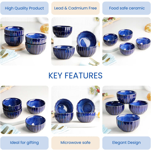 Blue Ribbed Ceramic Bowl Set of 6, 320ML